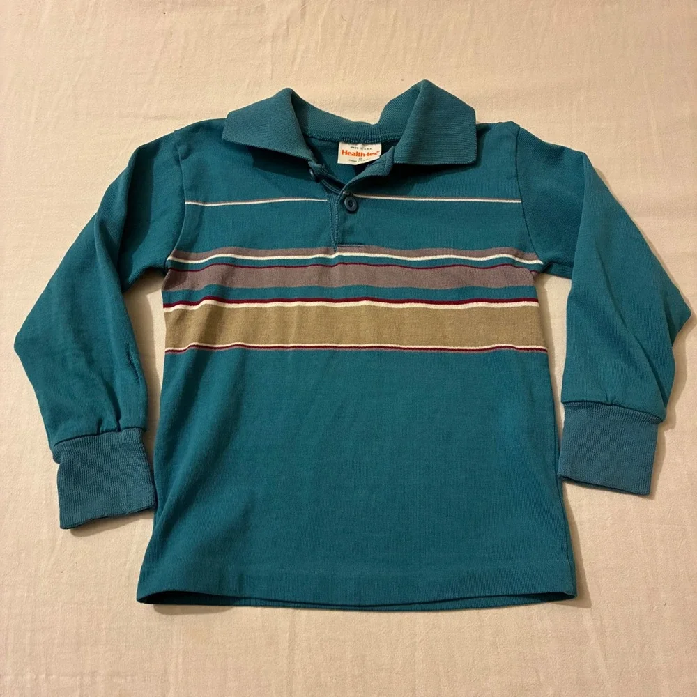 Vintage Health-tex Kids Size 5 Teal Blue Striped Long Sleeve Polo Shirt Made USA